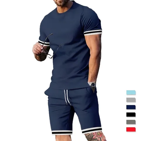 T-Shirt E Pantaloncini Da Uomo Poliestere Elastan Leggero Traspirante Estate Casual Sport Strisce Contrasto Girocollo Manica Corta