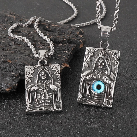 Collana Con Pendente Tristo Mietitore Gotico Acciaio Inossidabile Occhio Del Diavolo Teschio Croce Gioielli Punk Uomo