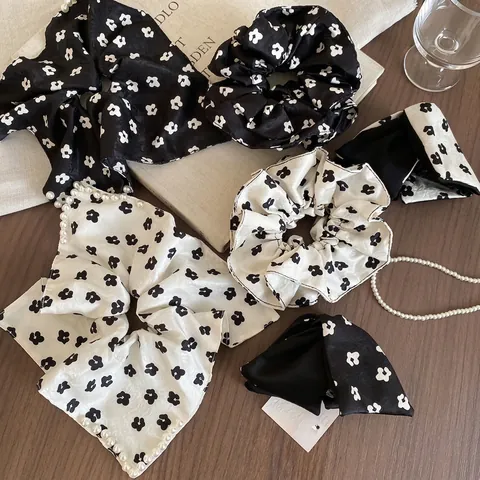 Floral Print Hair Scrunchies Oversized Satin Fabric Bow Knot Hair Clip Elegant Retro French Style Artificial Pearl Decor For Women