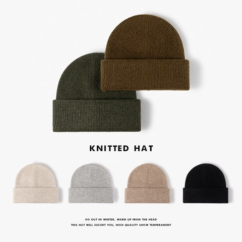 Gorro De Lana Tejido Cálido Grueso Invierno Exterior Con Dobladillo Moda Color Sólido Para Hombres Mujeres
