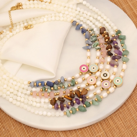 Evil Eye Anhänger Halskette Mit Naturstein Und Süßwasserperle Edelstahl Böhmischer Schmuck Für Damen