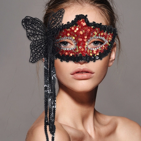 Maschera Mascherata Paillettes Farfalla Pizzo Nappe Bastone Mano Per Festa Halloween Costume Mistero Accessorio Donna