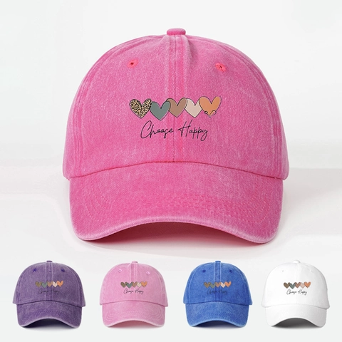 Berretto Da Baseball In Cotone Lavato Stampa Cuore Colorato Choose Happy Slogan Vintage Cappello Da Sole Regolabile Donna