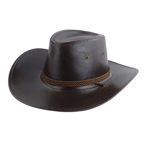 Western Cowboy Hat PU Leather And Linen Fabric Sun Protection Wide Brim Retro Outdoor Travel For Men Women