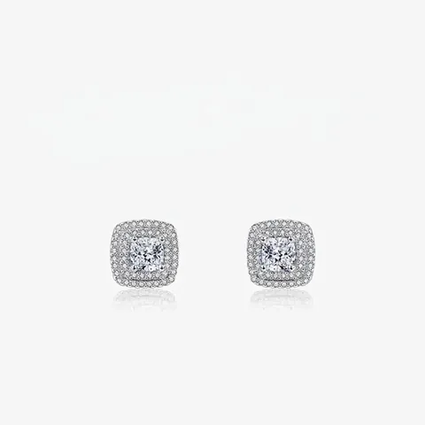 Square Double Halo Stud Earrings With 925 Sterling Silver Earring Post Princess Cut Zirconia Sparkly Luxury For Women