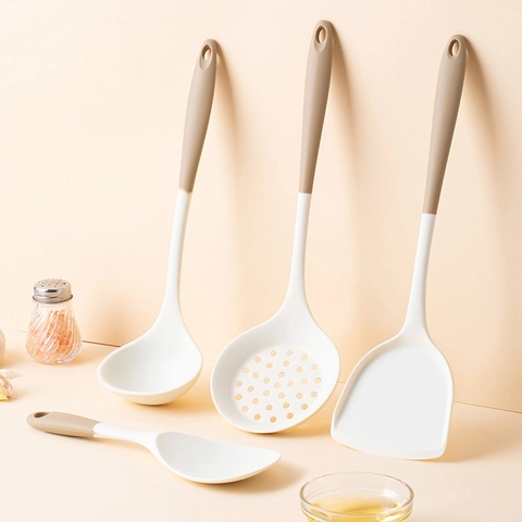 Utensili Cucina Silicone Set Strumenti Cottura Resistente Calore Antiaderente Spatola Schiumarola Cucchiaio Zuppa Riso Minimalista