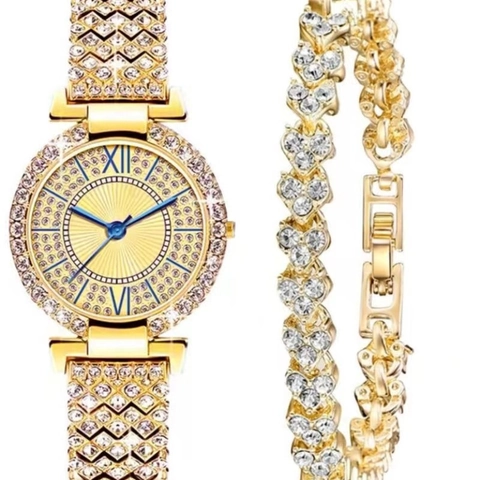 Luxe Dames Quartz Horloge En Armband Strass Legering Blauwe Wijzers Romeinse Cijfers Zonnestraal Wijzerplaat Mode
