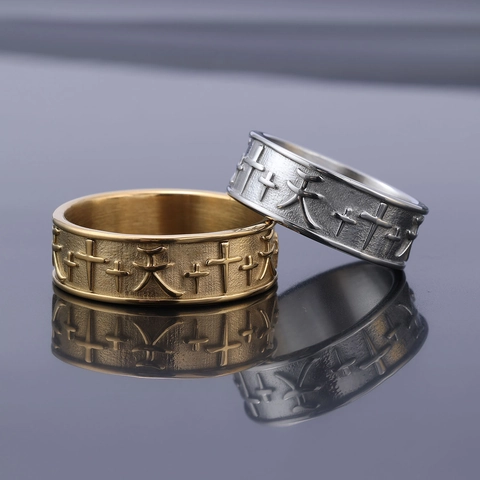 Anello In Acciaio Inossidabile Croce Rilievo Carattere Cinese Tian Retro Punk Gioielli Per Uomini E Donne