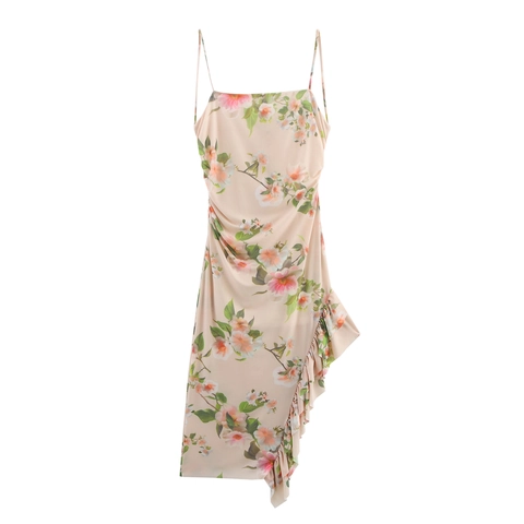 Florales Maxi Kleid Polyester Netz Rückenlos Asymmetrischer Volantsaum Schlitz Gerafft Spaghettiträger Elegant Süß Damen