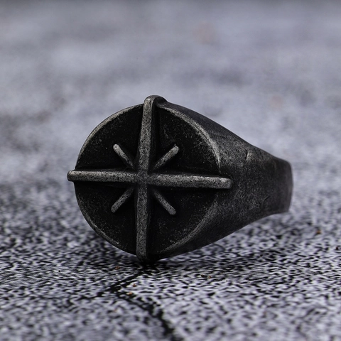 Stainless Steel Compass Cross Ring Vintage Punk Nordic Viking Retro Oxidized Signet Jewelry For Men