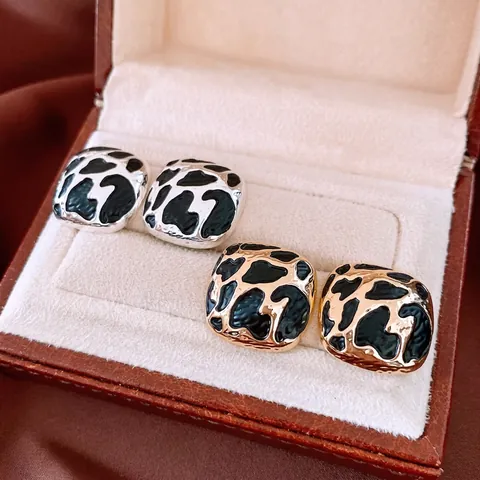 Square Stud Earrings Alloy Enamel Leopard Print Animal Texture Retro Fashion For Women 925 Sterling Silver Earring Post