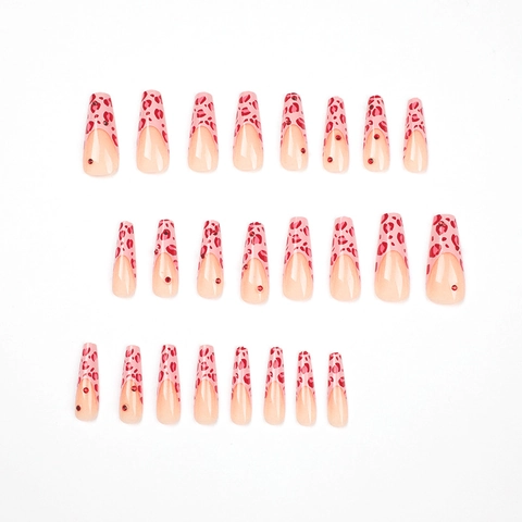 Unghie Finte Press On Lunghe A Bara Con Stampa Leopardata Rosa Punta Francesa E Decorazione In Strass Rosso Per Donne