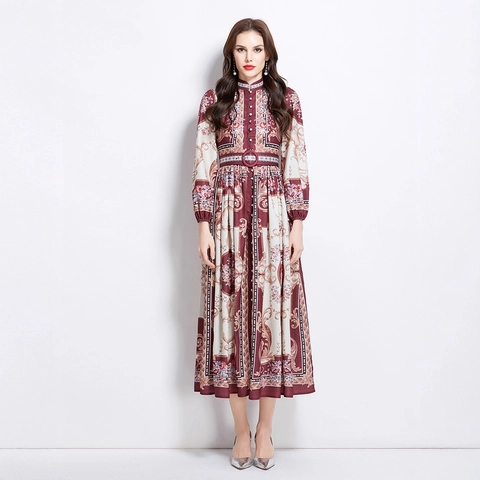 Maxi-Jurk In Retro-Paleisstijl Met Bloemenprint Lange Mouwen Opstaande Kraag Knooppaniel Elegante A-Lijn Jurk Voor Dames Met Riem