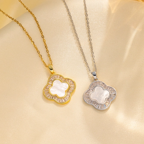 Collier Pendentif Trèfle À Quatre Feuilles Acier Inoxydable Nacre Zircon Élégant Simple Style Floral Bijoux Femme