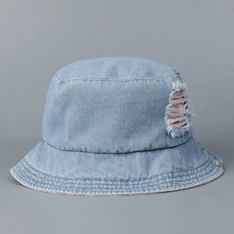 Bucket Hat Denim Baumwolle Distressed Ripped Plaid Futter Sonnenschutz Faltbar Fischerhut Für Damen
