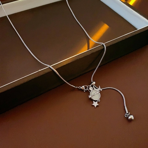 Himmelskörper Planet Mond Stern Anhänger Halskette Kupfer Zirkonia Lang Verstellbar Y-Form Schlangenkette Schmuck Für Damen