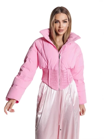 Women Short Puffer Jacket Elastic Waist Smocked Cotton Padded Coat Turn Down Collar Zip Up Thick Casual Solid