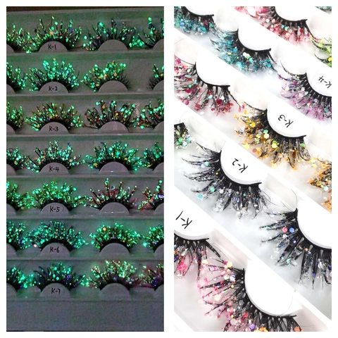 Luminous 3D False Eyelashes Glow In The Dark With Colorful Glitter Sequins Stage Dramatic Long Fiber Lashes Novelty