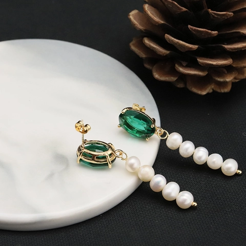 Pendientes Colgantes Retro Franceses Perlas De Agua Dulce Naturales Gema Verde Esmeralda Plata De Ley 925 Elegante Lujo