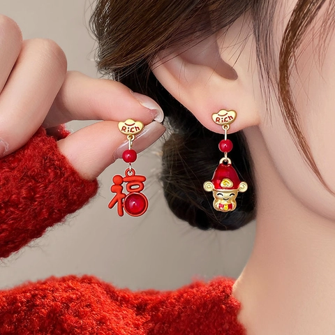 Asymmetric Earrings With Silver Earring Post Chinese Style God Of Wealth Fu Character Red Enamel Jewelry For Women