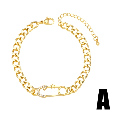 Trendy Gold Copper Bracelet For Women Inlaid Zirconia Star Heart LOVE Letter Safety Pin Charm Adjustable Link Chain Jewelry Gift
