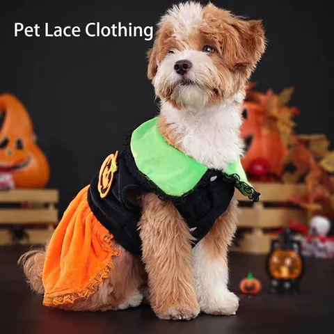 Halloween Pet Costume Pumpkin Dog Dress Hoodie Soft Crystal Velvet Lace Trim For Small Medium Dogs Cats Holiday Party
