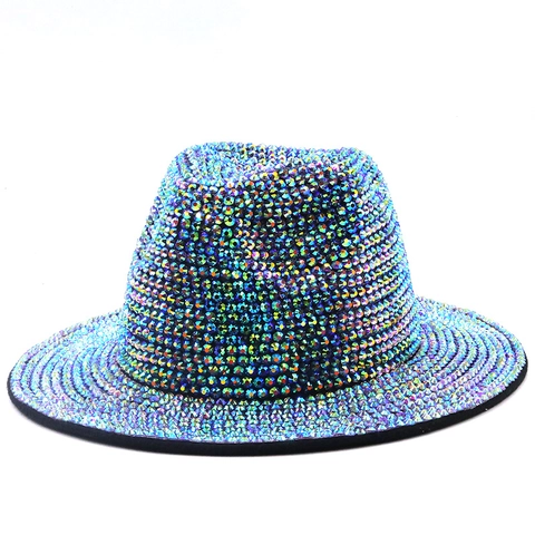 Rhinestone Fedora Hat Wide Brim Sparkly Crystal Jazz Cap Stage Party Performance For Women Men