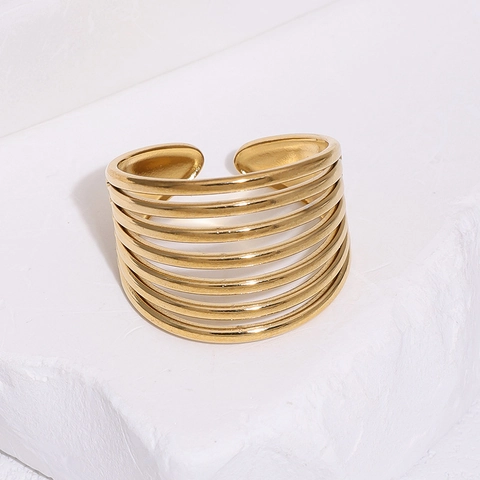 Anello Aperto In Acciaio Inossidabile A Filo Multistrato Largo Per Donna Gioielli Di Moda Geometrici Placcati Oro 18K
