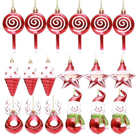 Christmas Tree Hanging Ornaments Red White Plastic Lollipop Reindeer Snowman Star Glitter Holiday Party Decor