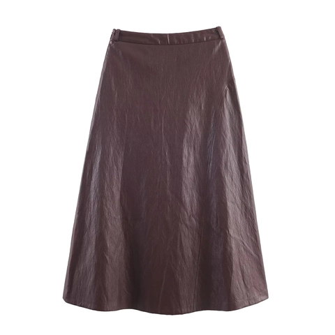 Falda Midi De Cuero Sintético Con Cinturón Color Sólido Cintura Alta Elegante Línea A Moda Callejera Para Mujer
