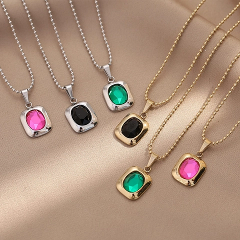 Vintage Anhänger Halskette Titanstahl Kugelkette Rechteckig Oval Synthetischer Kristall Vergoldeter Luxusschmuck Für Damen