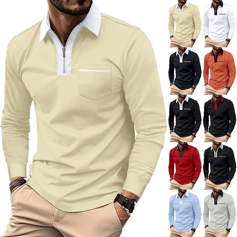 Men's American Style Long Sleeve Polo Shirt Half Zipper Slim Fit Contrast Color Polyester Pique Mesh Casual Autumn Winter Base Layer Top