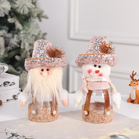 Christmas Candy Jars Sequins Cloth Plush Santa Snowman Ornaments Gift Storage Containers Holiday Decor Festive Table Decoration