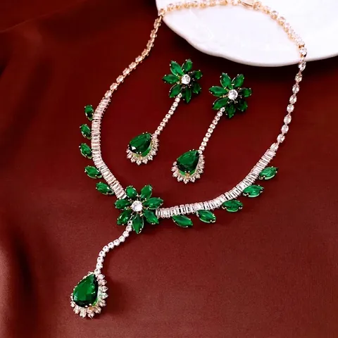 Luxe Koperen Zirkoon Bloemen Ketting En Oorbellen Sieradenset Vintage Bloem Waterdruppel Hanger Voor Vrouwen