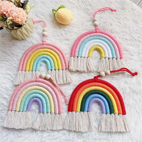 Handmade Woven Rainbow Wall Hanging Ornament Cotton Rope Wood Beads Tassel Nordic Boho Style Nursery Room Decor