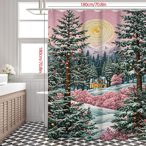 Duschvorhang Wasserdicht Polyester Weihnachten Winter Schneehaus Muster Mit Haken Schnell Trocknend Bad Deko