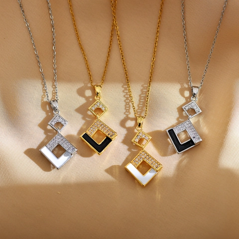 Collar Con Colgante De Rombo Geométrico Acero Inoxidable Esmalte Pedrería Micro Incrustaciones Estilo Coreano Joyería De Lujo Para Mujer