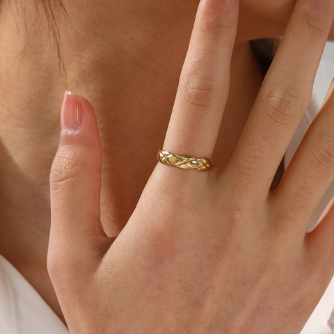 Anillo Con Motivo Acolchado Geométrico De Acero Inoxidable Bañado En Oro Ajustable Abierto Joyería De Moda Mujer Minimalista