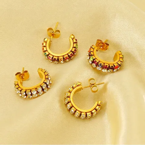 Orecchini A Cerchio A Forma Di C In Acciaio Inossidabile Placcato Oro 18K Con Strass A Doppia Fila Per Donna