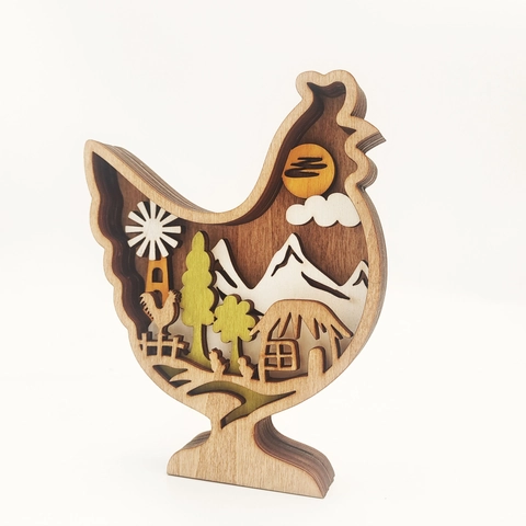 Wooden Animal Ornaments Multi Layer Carving Hollow Forest Scene Rabbit Hen Butterfly Bird Decorative Desk Figurines