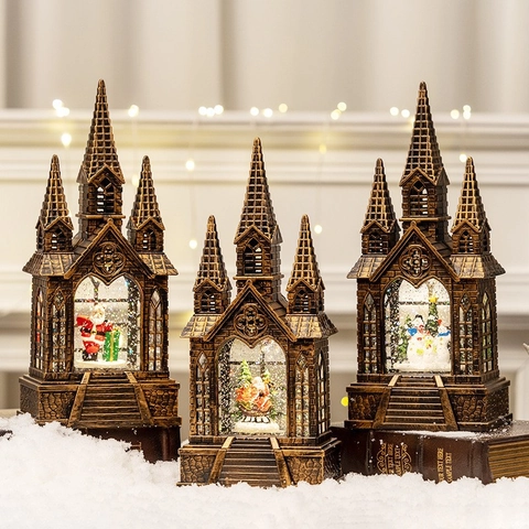 Christmas Snow Globe Lantern Vintage Bronze Gothic Church Musical LED Lighted Santa Snowman Holiday Desktop Decoration