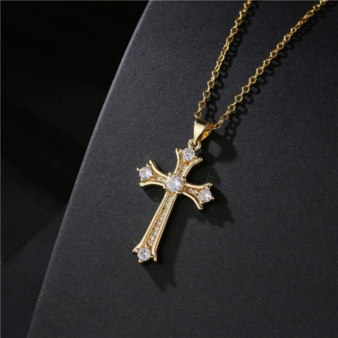 Collana Con Ciondolo A Croce Rame Placcato Oro Con Zirconi Stile INS Gioielli Religiosi Per Donne