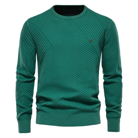 Men Crew Neck Knitted Sweater Long Sleeve Cotton Lycra Blend Diagonal Texture Solid Color Pullover Top