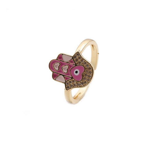 Hamsa Hand Evil Eye Ring Gold Plated Copper Zircon Enamel Heart Shape Adjustable Open Boho Jewelry For Women