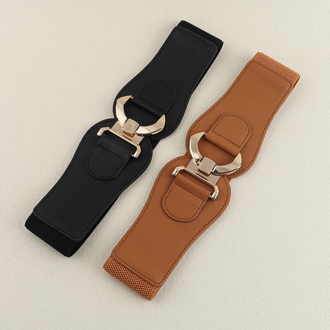 Women Wide Corset Belt Elastic Waist Band With Geometric Alloy Metal Buckle PU Leather For Dress Coat
