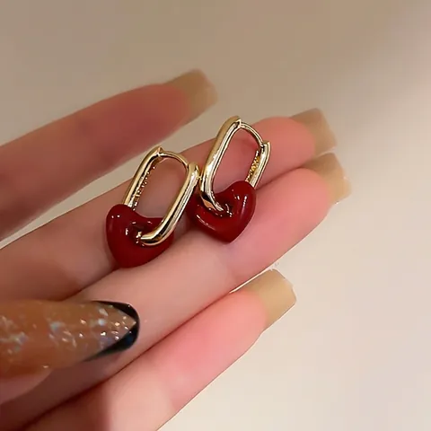 Boucles d'Oreilles Clous Cœur Rouge Ankora pour Femmes Alliage Vintage Peint Cerise Fraise Boucles d'Oreilles Pendantes Bijoux de Fête