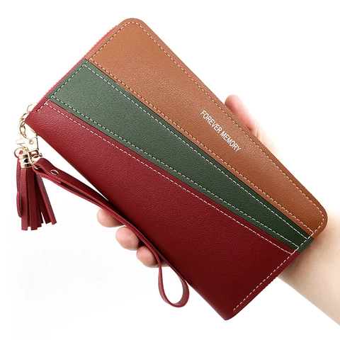 Portafoglio Lungo Con Cerniera Donna Pelle PU Blocchi Di Colore Pochette Con Cinturino Da Polso Nappa Ciondolo Coniglio