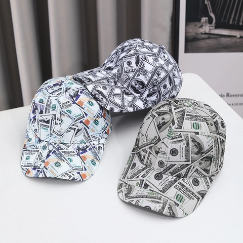 Gorra de Béisbol con Estampado de Dinero de Moda de Sarga de Algodón Ajustable con Patrón de Billetes de Dólar para Hombre Mujer