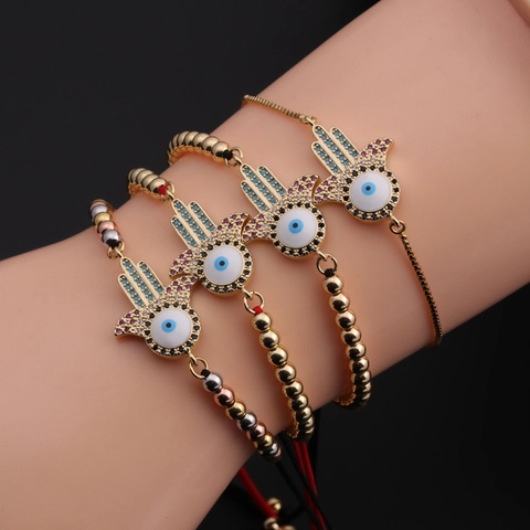 Hamsa Hand Evil Eye Bracelets Copper Gold Plated Cubic Zirconia Adjustable Bohemian Protection Jewelry For Women