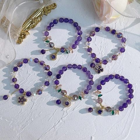 Amethist Kralen Armband Met Kristallen Micro Geplaveide Zirkoon Bloem Hanger Zoete Elegante Hand Sieraden Voor Vrouwen